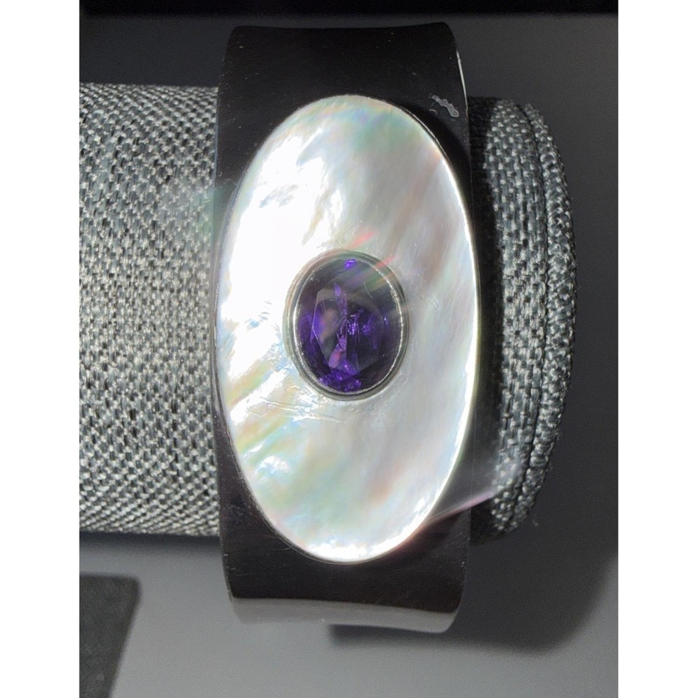 VTG Southwestern Vintage Sterling Silver Shell Amethyst Cuff Bracelet 32g - Picture 2 of 12